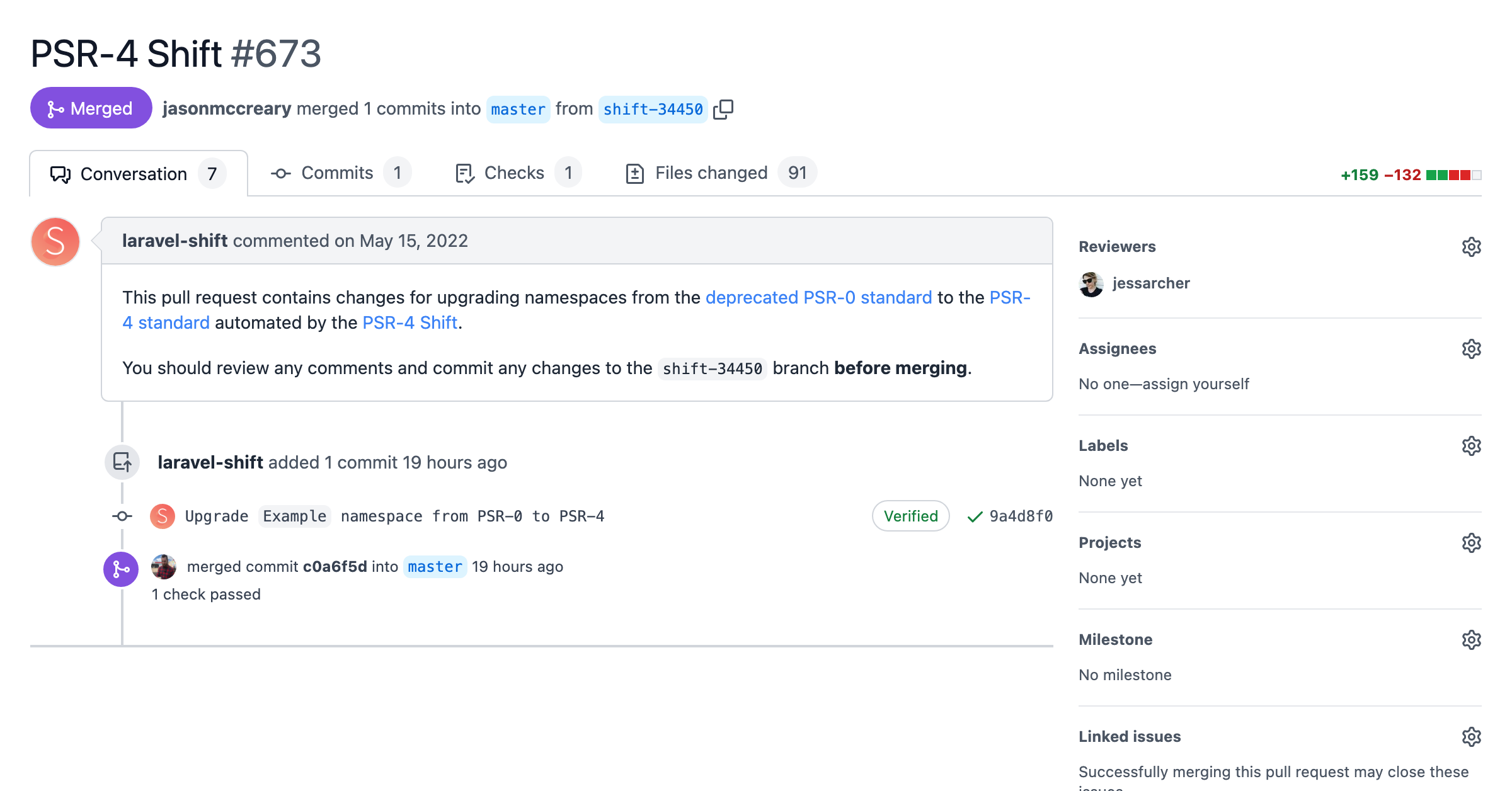 Screenshot of a pull request with automated changes from the PSR-4 Shift